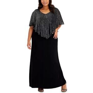 Connected Plus Size 24W Metallic Cape Overlay Black Long Formal Dress worn once.